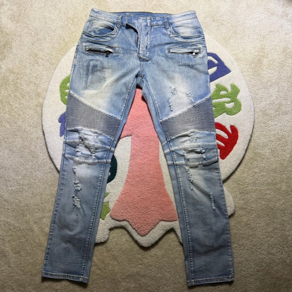 Balmain Paris Light Wash Distressed Moto Biker Slim Jeans Size 34